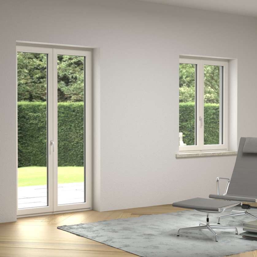 di infissi in PVC bianco effetto legno in una casa moderna.