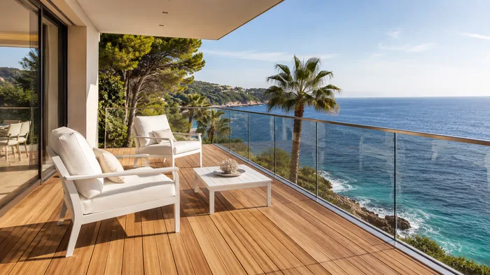Balcone legno teak villa mare stile contemporaneo moderno