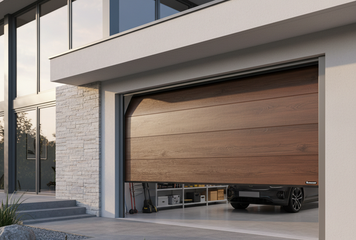 Basculante in PVC effetto legno: portone da garage su una villa moderna
