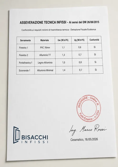 Fac-simile esempio documento asseverazione tecnica infissi con timbro e firma ingegnere