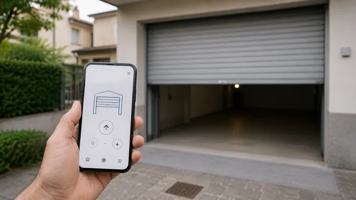 Automazione serranda - mano con smartphone e app smart home per aprire la serranda del garage