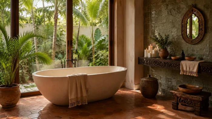 Bagno stile etnico vasca freestanding sotto grande finestra teak vista palme zellige verde salvia