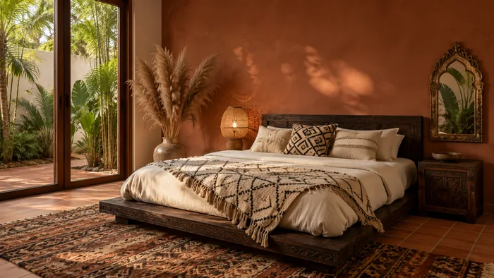 Camera da letto stile etnico con letto wenge plaid berbero parete terracotta luce naturale