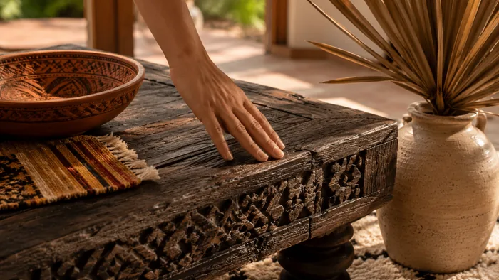 Materiali naturali stile etnico legno teak intagliato terracotta marocchina kilim