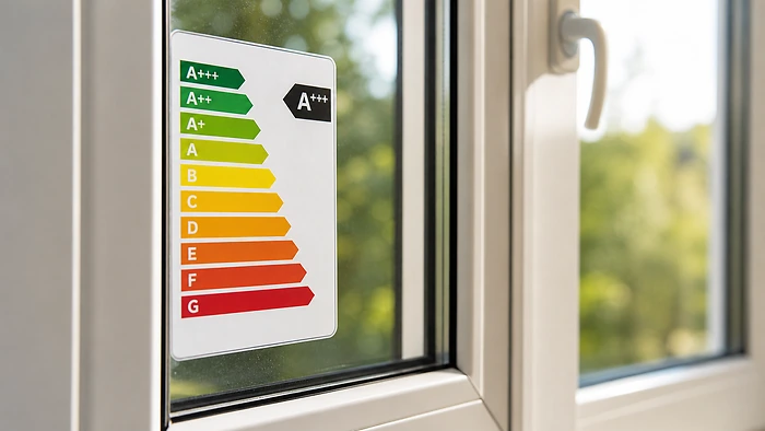 Etichetta energetica adesiva applicata su finestra in PVC bianco - classe energetica infissi