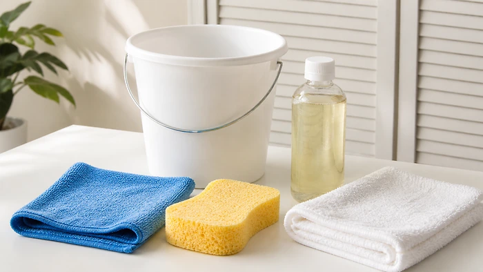 Strumenti per pulire le persiane in PVC: panno microfibra, spugna, secchio, sapone neutro