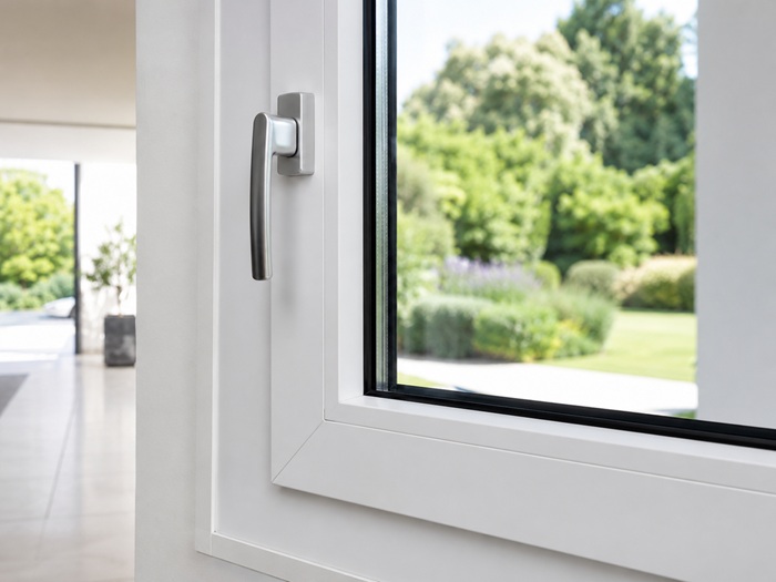 dettagli infissi - finestra bianca con maniglia satin e giardino sullo sfondo