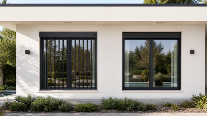 Confronto inferriata avvolgibile abbassata vs avvolta nel cassonetto - villa moderna