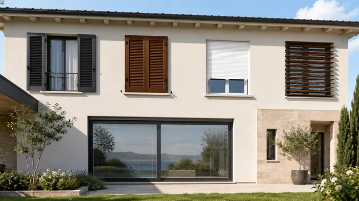 Villa moderna con 5 tipologie di oscuranti per finestre in alluminio - persiana battente, scuro, tapparella, frangisole e veneziana interno vetro
