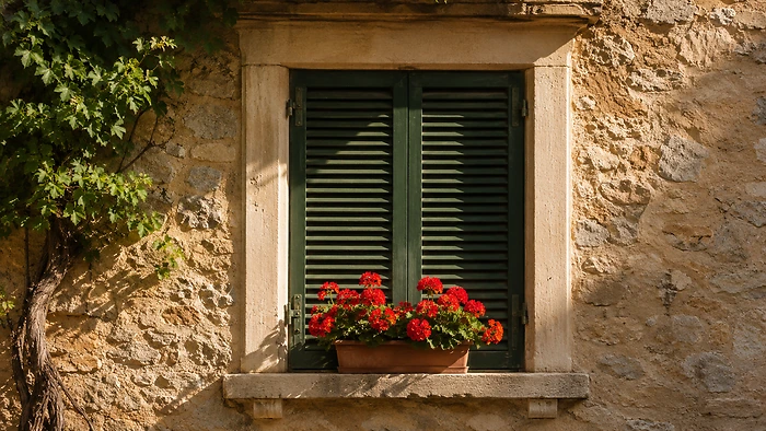 Persiane blindate alluminio verde scuro lamelle facciata pietra villa italiana