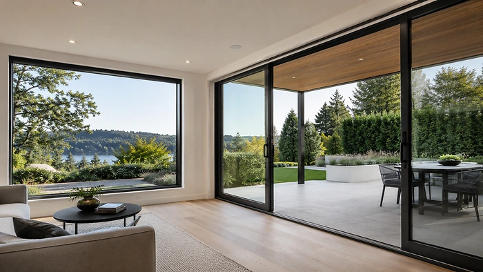 Porta finestra 4 ante a libro aperta su loggia con vista lago
