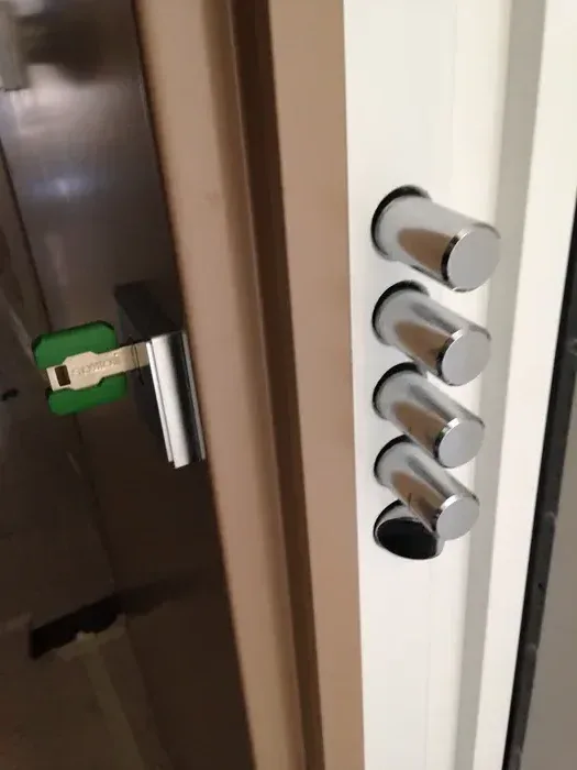 Dettaglio dei ganci deviatori in acciaio sul bordo di una porta blindata
