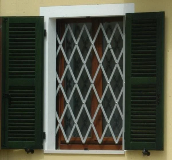 Grata estensibile a maglie su una finestra con scuri verdi