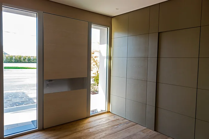 Porta d'ingresso non blindata in alluminio color champagne, design moderno