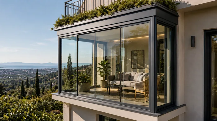 Veranda su balcone chiusa con vetrate scorrevoli in alluminio antracite panoramiche