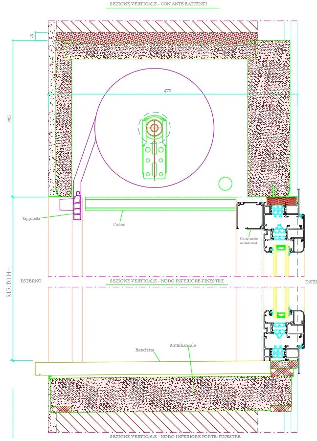 Disegno di sezione tecnica verticale di un serramento con profilo in alluminio